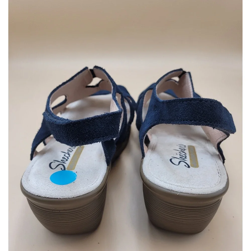 Skechers Navy Suede Wedge Slingback Sandals Womens 8.5M Strappy Memory Foam NWOT